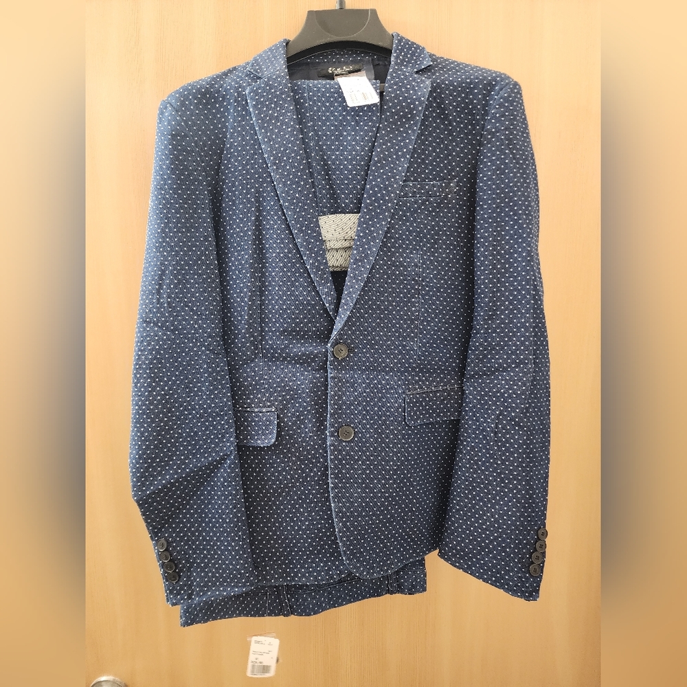 Mens polka dot navy blue suit jacket and pants M